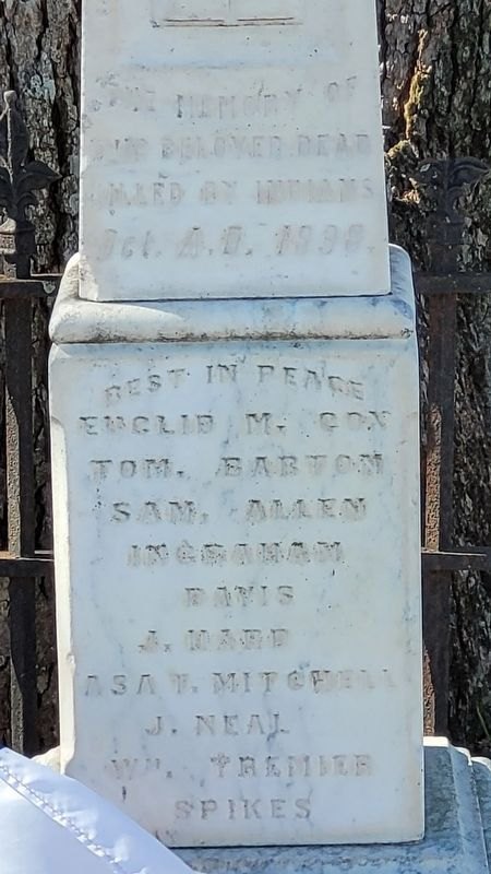 Close view of the monument front: Killed by Indians, Oct. A.D. 1838, and the first names of the dead