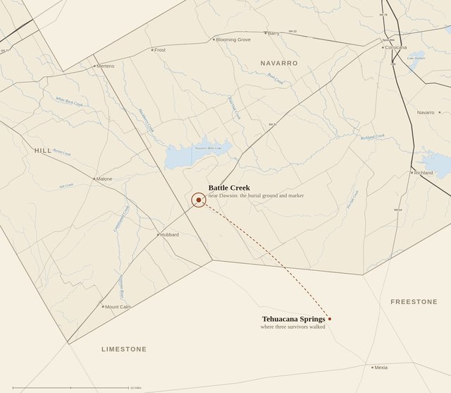 A map of western Navarro County marking the Battle Creek burial ground near Dawson, with a dashed line south-east to Tehuacana Springs