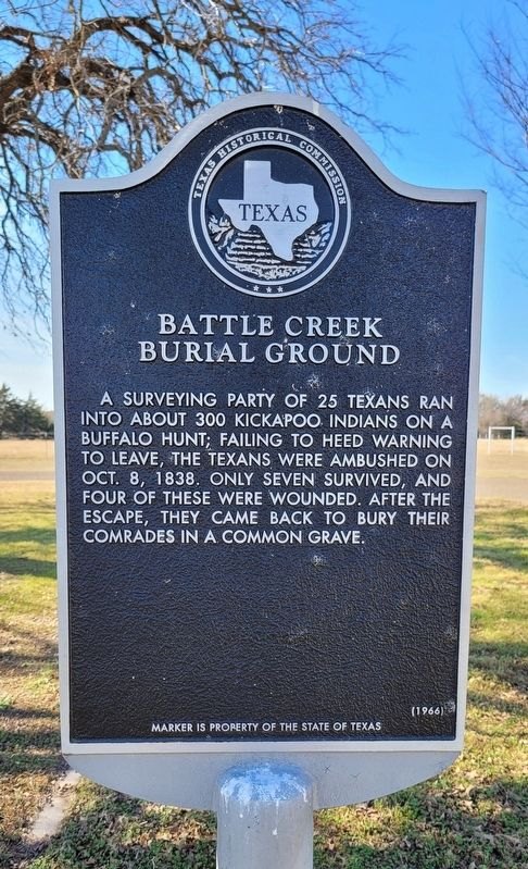 The 1966 Texas historical marker for the Battle Creek Burial Ground