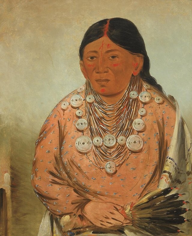 George Catlin portrait of A'h-tee-wát-o-mee, a Kickapoo woman wearing wampum and silver brooches, 1830