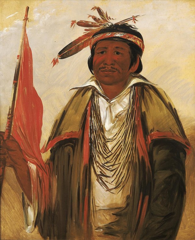 George Catlin portrait of Ke-chím-qua, Big Bear, a Kickapoo man holding a red flag, 1830