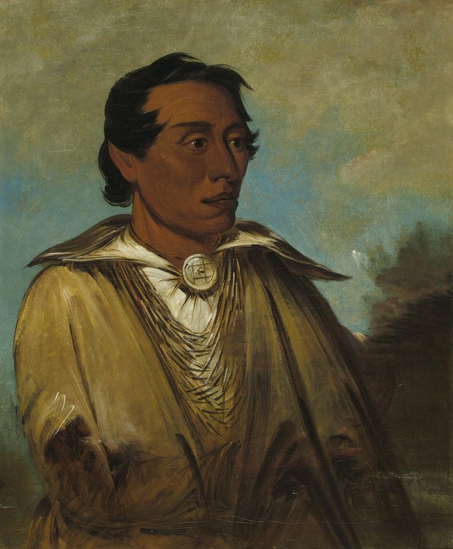George Catlin portrait of Kee-án-ne-kuk, a Kickapoo leader, holding a pose of prayer, 1830