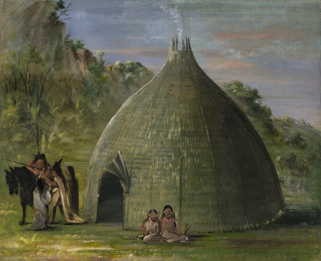 George Catlin painting of a Wichita lodge thatched with prairie grass, 1834–35