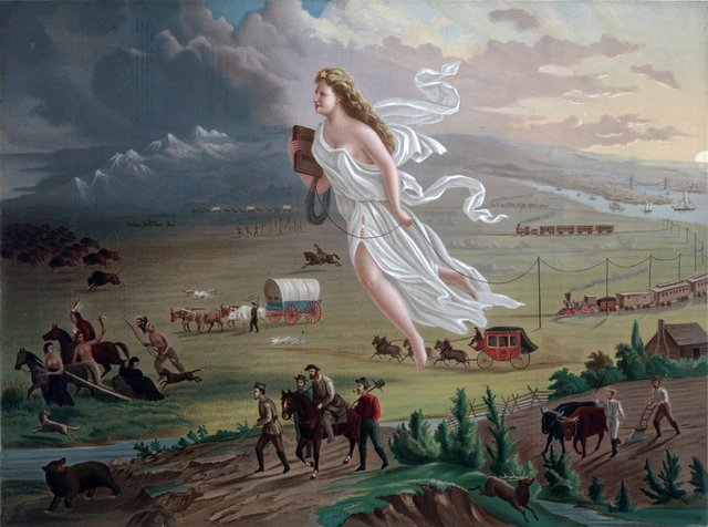 A woman in white floats westward over a prairie, stringing telegraph wire and holding a schoolbook, as settlers, wagons and trains follow and Native people and buffalo flee ahead of her.