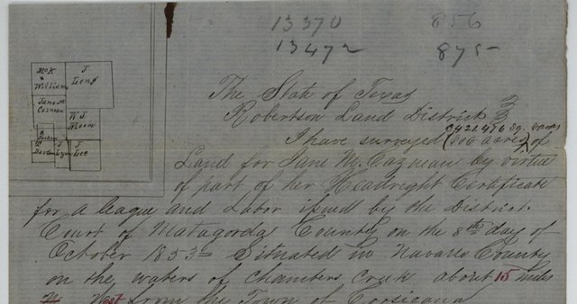 Handwritten 1857 field notes headed The State of Texas, Robertson Land District, with a small sketch of the survey among its neighbours, recording 606 acres for Jane M. Cazneau on the waters of Chambers Creek about 15 miles west of Corsicana
