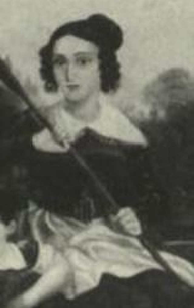 A painted portrait of a young woman with dark curled hair and a white collar, holding a long staff