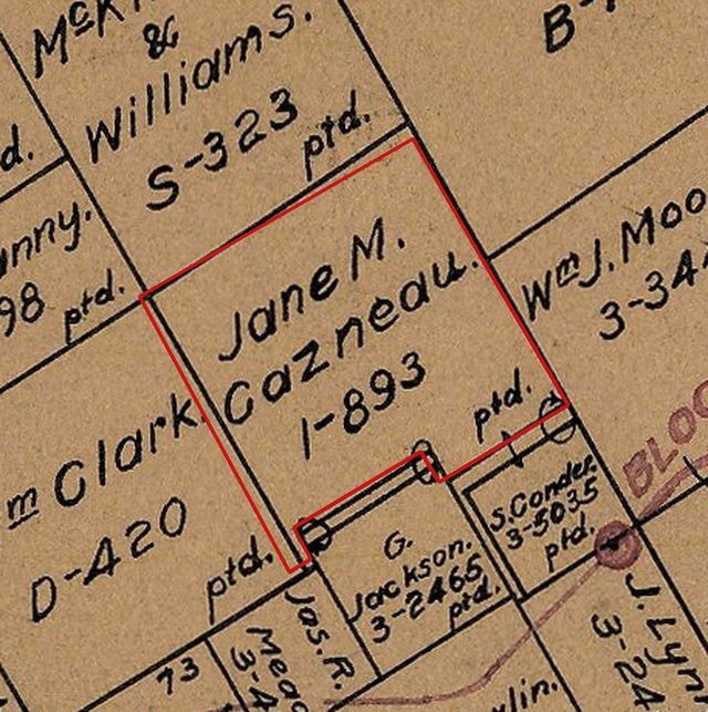 The 1924 Land Office map around the Cazneau survey, outlined in red, labelled Jane M. Cazneau 1-893