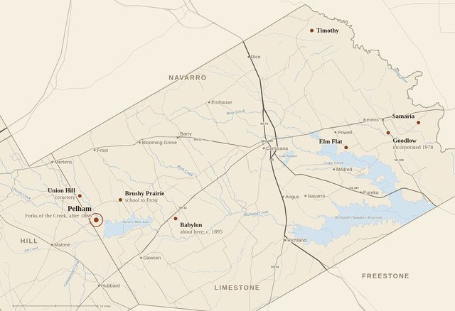 A map of Navarro County marking eight Black settlements founded after emancipation: Pelham, Union Hill, Brushy Prairie and Babylon in the west, Elm Flat, Goodlow, Samaria and Timothy in the east