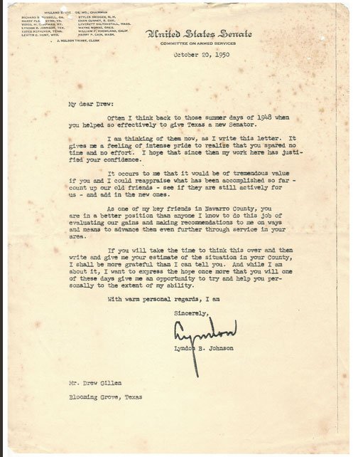 A letter to Drew Gillen on United States Senate, Committee on Armed Services letterhead, dated 20 October 1950, signed Lyndon