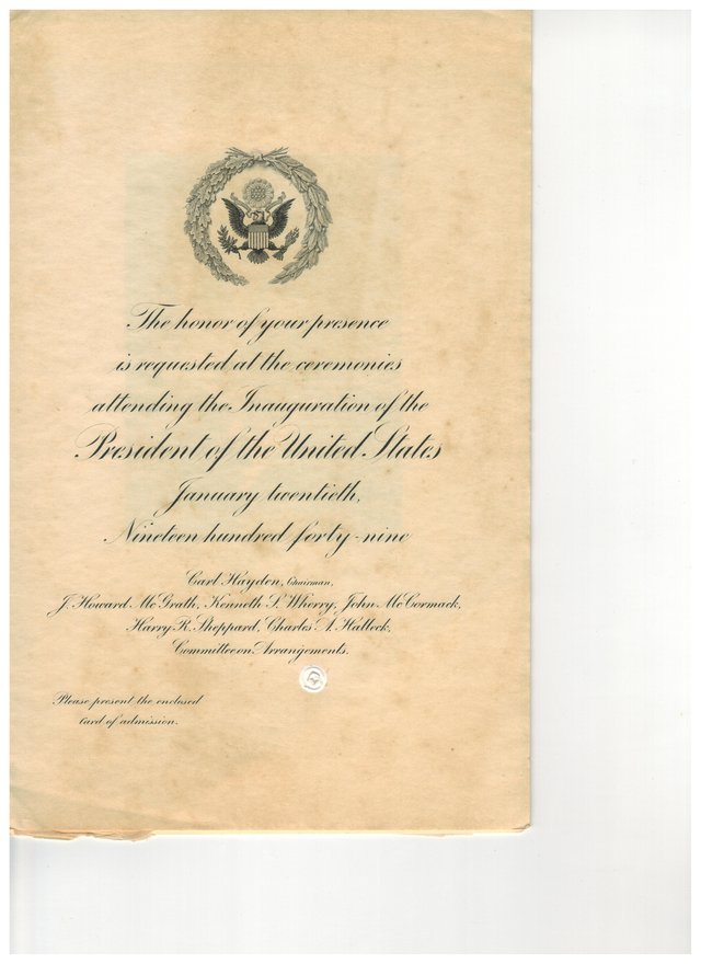 An invitation to the ceremonies attending the inauguration of the President of the United States, January 20, 1949