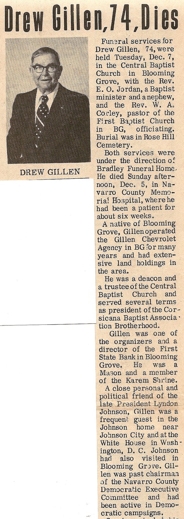 A newspaper clipping headed Drew Gillen, 74, Dies, with his portrait