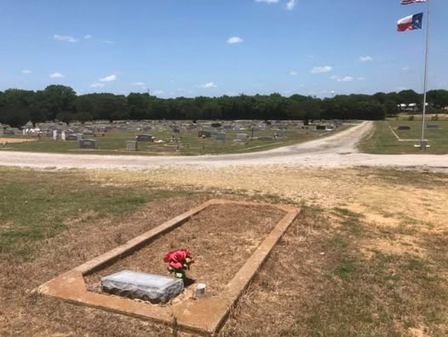 A single grave with a concrete coping and red flowers, set apart on open ground, the cemetery rows across a gravel road behind it
