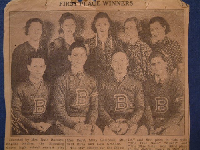 A 1937 newspaper clipping headed First Place Winners, showing the Blooming Grove one-act play cast
