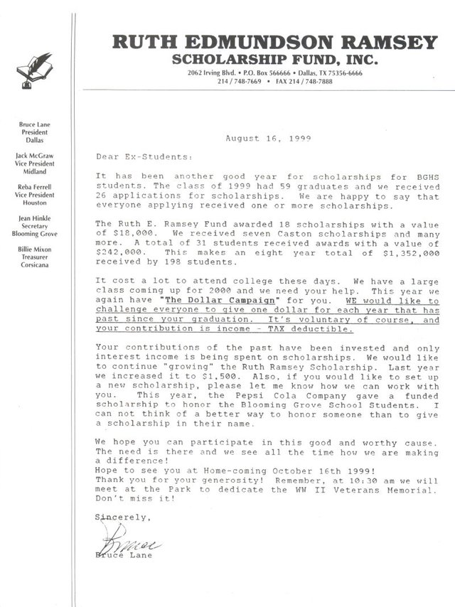 A 1999 annual letter from the Ruth E. Ramsey Scholarship Fund, Inc., naming its officers