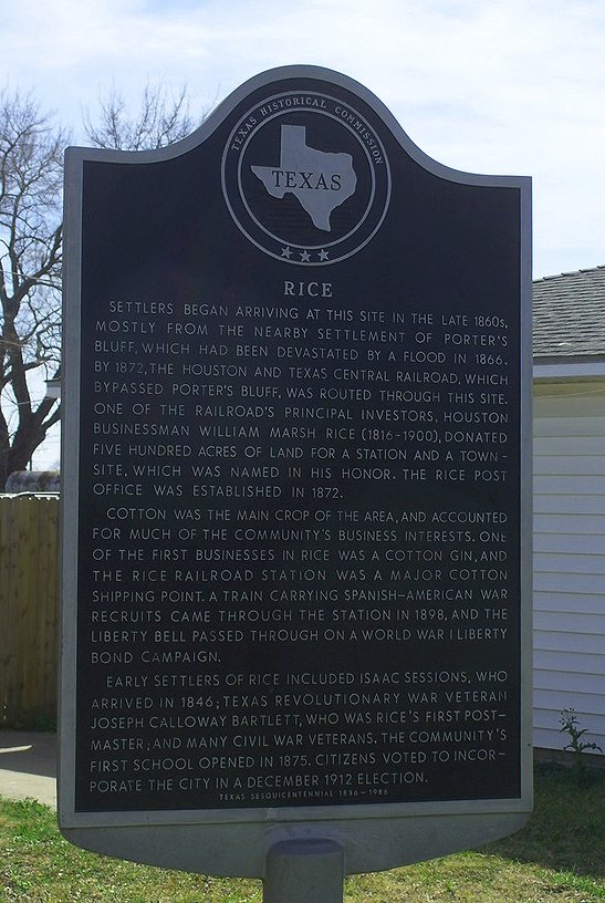 The Texas Historical Commission marker titled Rice, its text on a dark background