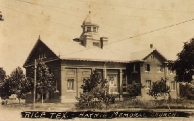 An old postcard view of a brick church with a cupola, captioned Rice Tex. Haynie Memorial Church