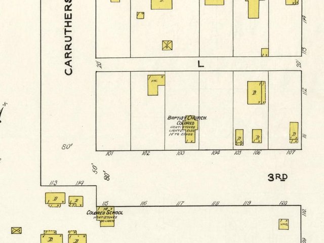 Detail of a 1921 fire-insurance map at Carruthers and Third Streets: Baptist Church, Colored, and across Third Street the Colored School