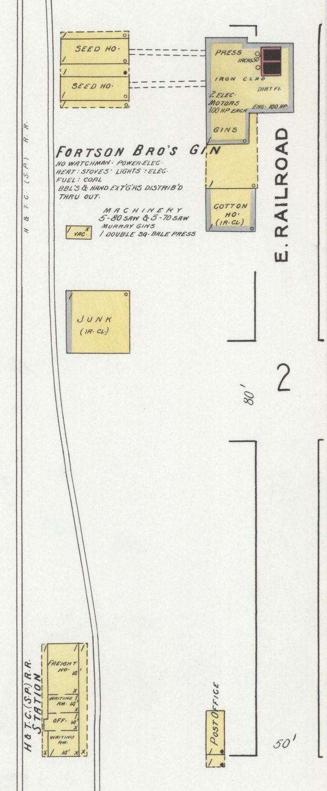 Sanborn detail: Fortson Bros. Gin with seed houses and a cotton house beside the tracks, the H. and T. C. station and the post office below