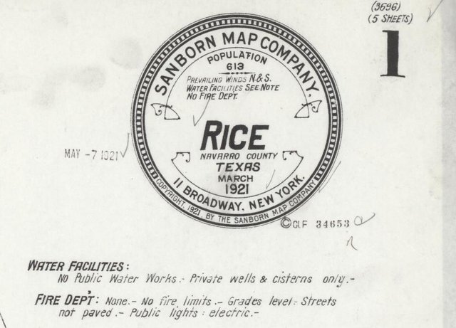The Sanborn title seal for Rice, March 1921, population 613, with the notes on water facilities and fire department
