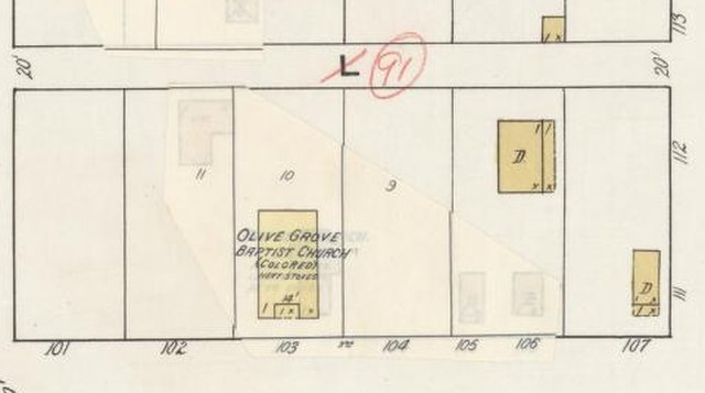 Detail of the 1934 fire-insurance map showing a building labelled Olive Grove Baptist Church, Colored