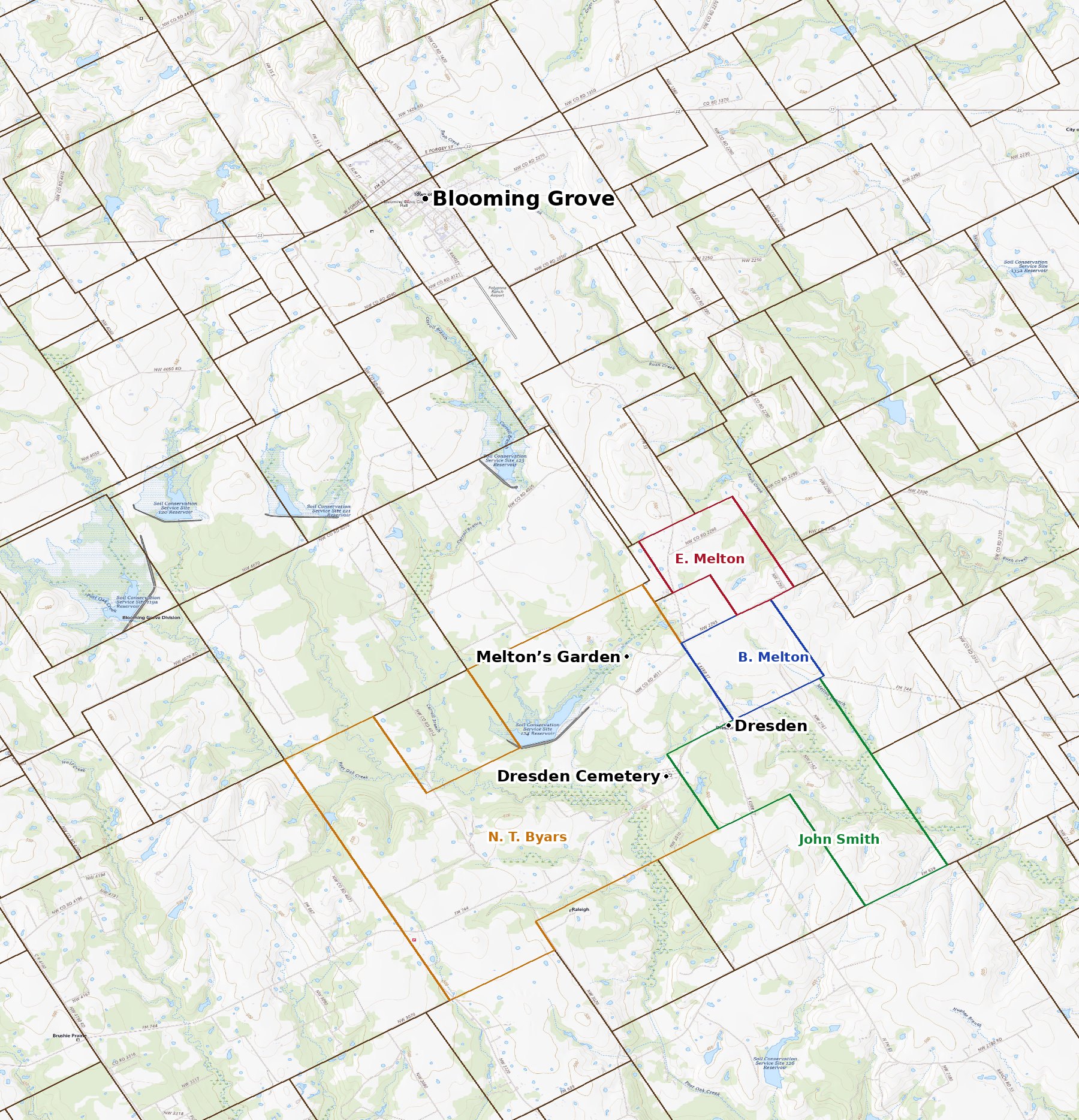 Today’s map of Dresden and Blooming Grove with the original surveys outlined