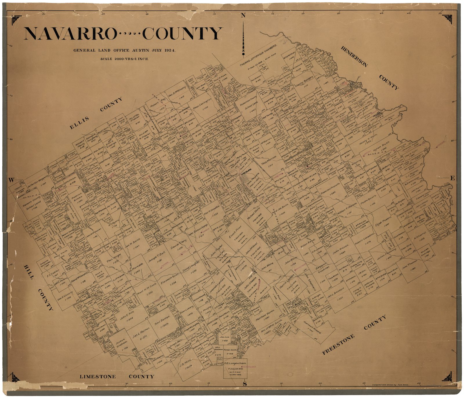 Navarro County, 1924, General Land Office map of the original land grants